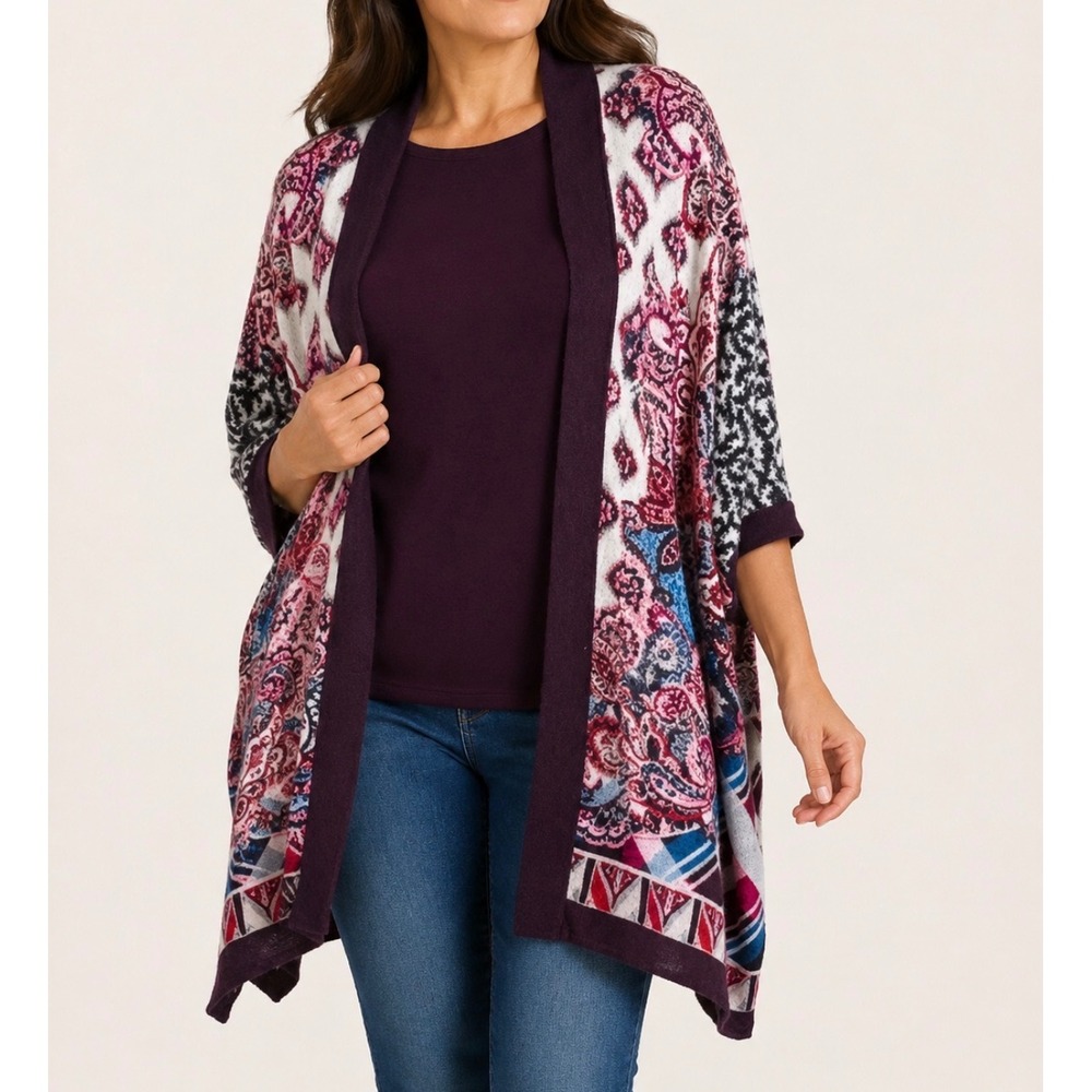 Chico's Ruana Wrap Women S/M Purple Paisley Open Front Kimono Festival Layering